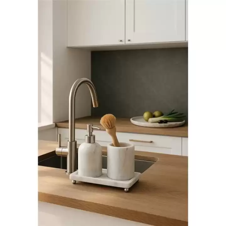 Akayev Mermer Beyaz 3 Parça Gümüş Ayak Banyo Seti Mutfak Sıvı Sabunluk Seti
