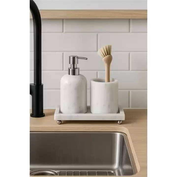 Akayev Mermer Beyaz 3 Parça Gümüş Ayak Banyo Seti Mutfak Sıvı Sabunluk Seti
