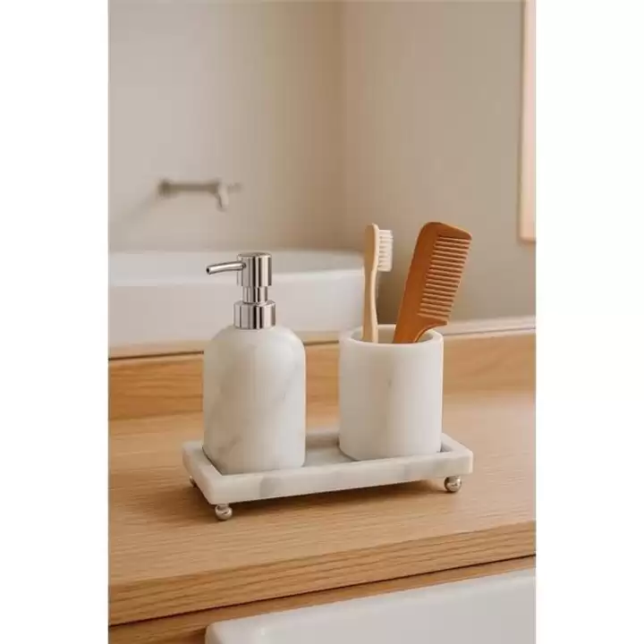 Akayev Mermer Beyaz 3 Parça Gümüş Ayak Banyo Seti Mutfak Sıvı Sabunluk Seti