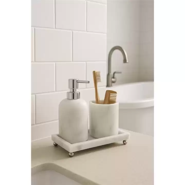 Akayev Mermer Beyaz 3 Parça Gümüş Ayak Banyo Seti Mutfak Sıvı Sabunluk Seti