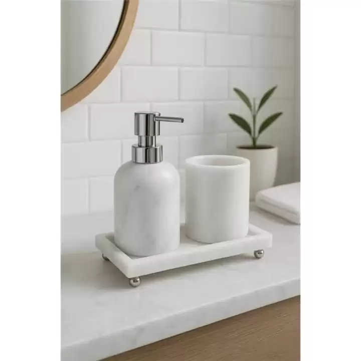 Akayev Mermer Beyaz 3 Parça Gümüş Ayak Banyo Seti Mutfak Sıvı Sabunluk Seti