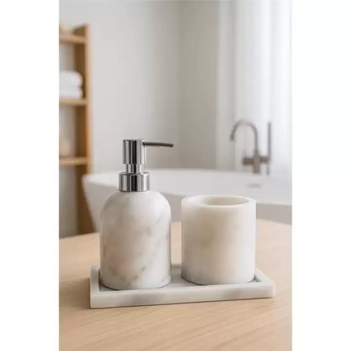 Akayev Mermer Beyaz 3 Parça Gümüş Banyo Seti Mutfak Sıvı Sabunluk Seti