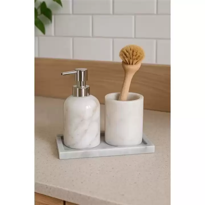 Akayev Mermer Beyaz 3 Parça Gümüş Banyo Seti Mutfak Sıvı Sabunluk Seti