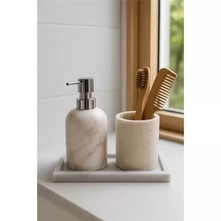 Akayev Mermer Beyaz 3 Parça Gümüş Banyo Seti Mutfak Sıvı Sabunluk Seti