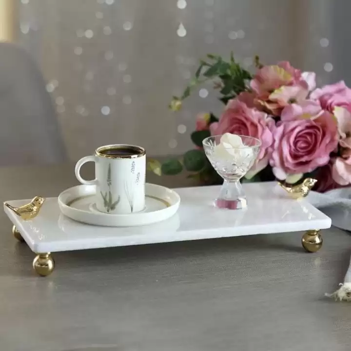 Akayev Mermer Beyaz 30x15 Cm Altın Ayak Kuş Sunum Tabağı
