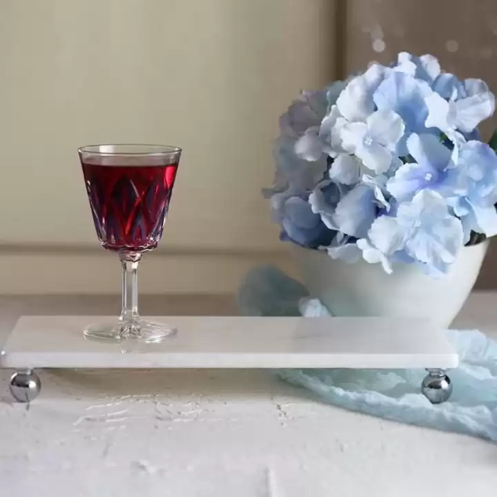 Akayev Mermer Beyaz 30x15 cm Gümüş Boncuk Ayaklı Sunum Tabağı