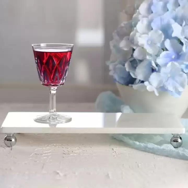 Akayev Mermer Beyaz 30x15 cm Gümüş Boncuk Ayaklı Sunum Tabağı