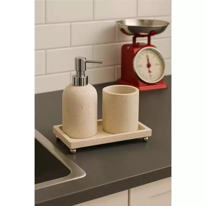 Akayev Mermer Traverten 3 Parça Gümüş Ayak Banyo Seti Mutfak Sıvı Sabunluk Seti