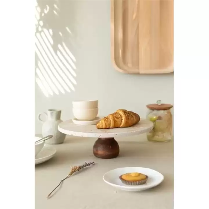Akayev Traverten 25 Cm Ahşap Ayaklı Yuvarlak Sunumluk