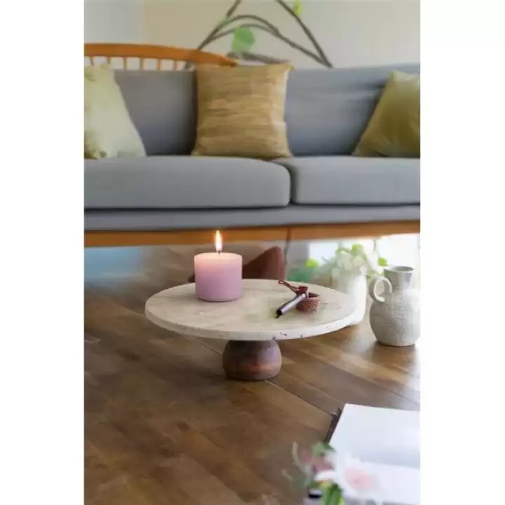 Akayev Traverten 25 Cm Ahşap Ayaklı Yuvarlak Sunumluk