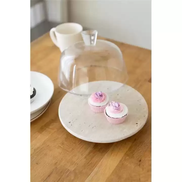 Akayev Traverten 25 Cm Ahşap Boncuk Ayaklı Cam Fanus