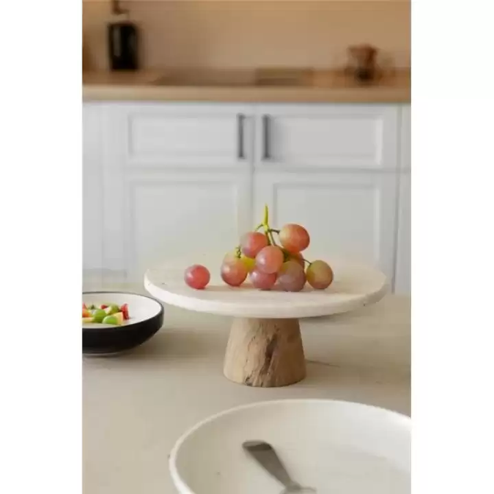 Akayev Traverten 25 Cm Ahşap Konik Ayaklı Yuvarlak Sunumluk