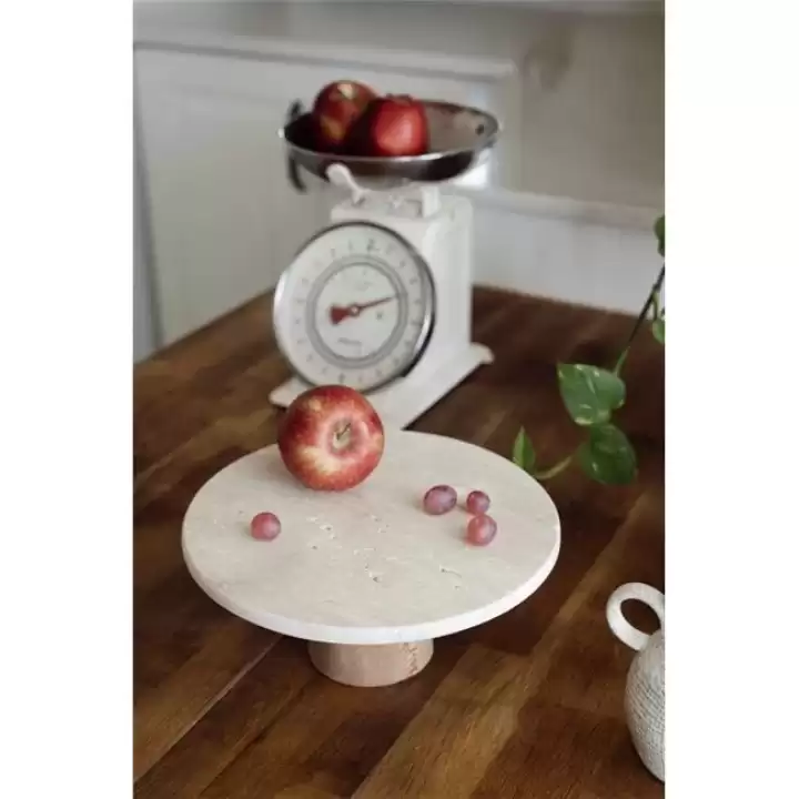 Akayev Traverten 28 Cm Ahşap Konik Ayaklı Yuvarlak Sunumluk