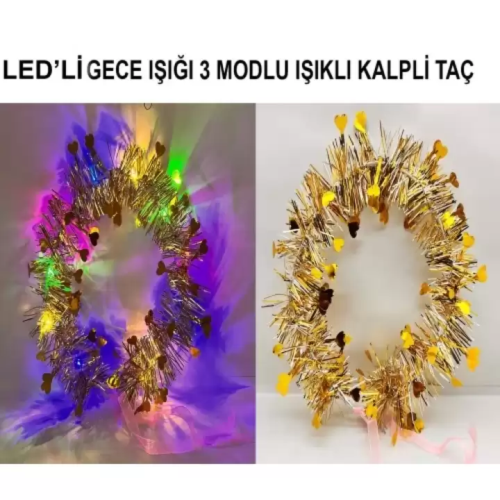 Kalp Püsküllü 3 Modlu Led Işıklı Taç Altın Renk