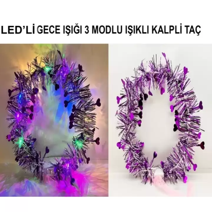Kalp Püsküllü 3 Modlu Led Işıklı Taç Mor Renk