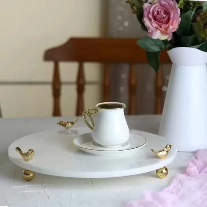 Akayev Mermer Beyaz 30 Cm Altın Ayak Kuş Yuvarlak Sunum Tabağı