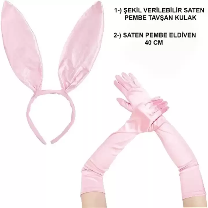 Saten Kaplama Soft Pembe Eldiven Ve Tavşan Kulak 2li Set