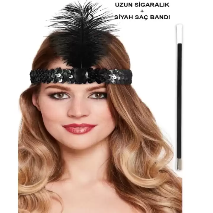 Siyah Retro Charliston Saç Bandı &amp; Sigaralık