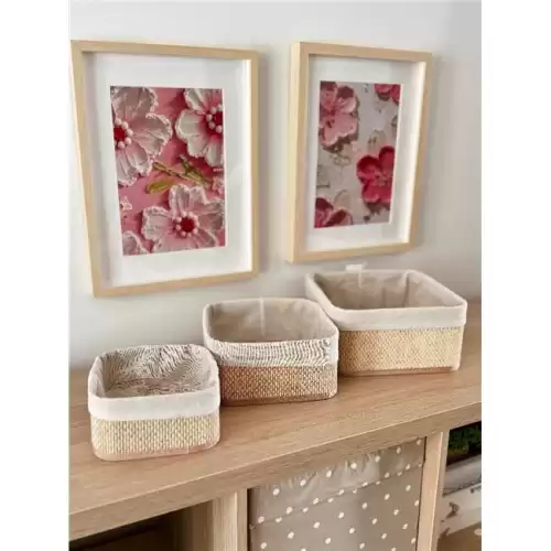 Akayev Beige Hasır 3Lü Kare Sepet