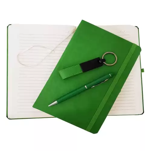 Yeşil Termo Deri Defter, Kalem Ve Anahtarlık Seti