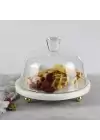 Akayev Mermer 25 Cm Altın Boncuk Ayaklı Beyaz Kalın Cam Fanus