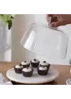 Akayev Mermer Beyaz 25 Cm Ahşap Boncuk Ayaklı Cam Fanus - Ekmek ve Kek Standı - Pasta Standı