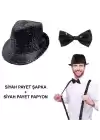 Siyah Payetli Şapka Ve Papyon Seti – Parıltılı Yetişkin Kostüm Seti