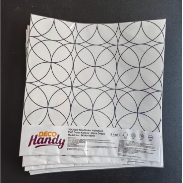 Decohandy  Pvc Duvar Karosu 30x30cm 4lü Paket - Siyah Daire Geometrik Desen  0,36m2