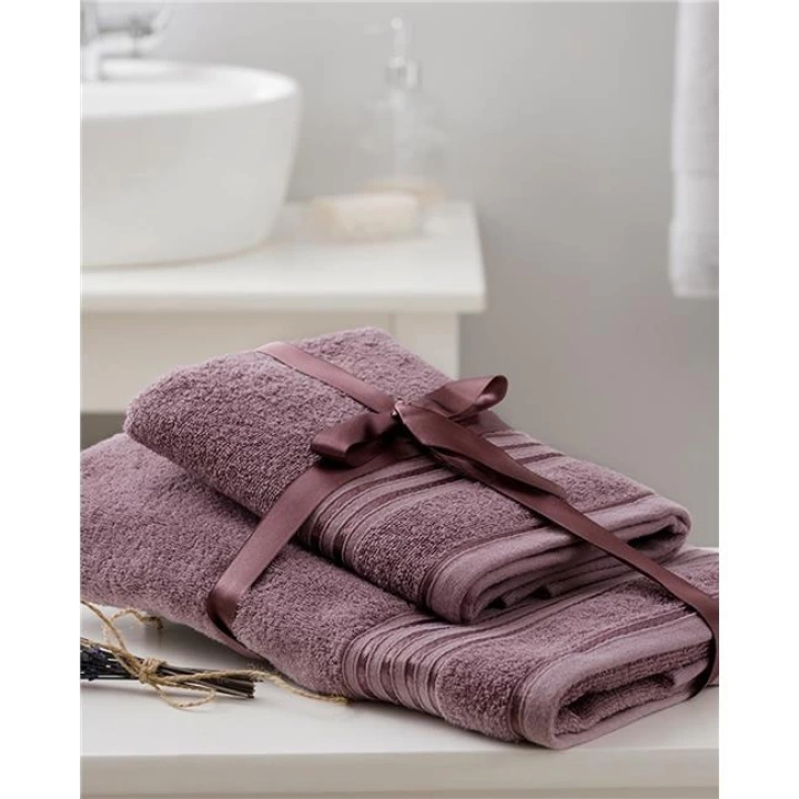 English Home Romantic Stripe Pamuklu Floşlu Banyo Havlusu Takımı Açık Mürdüm