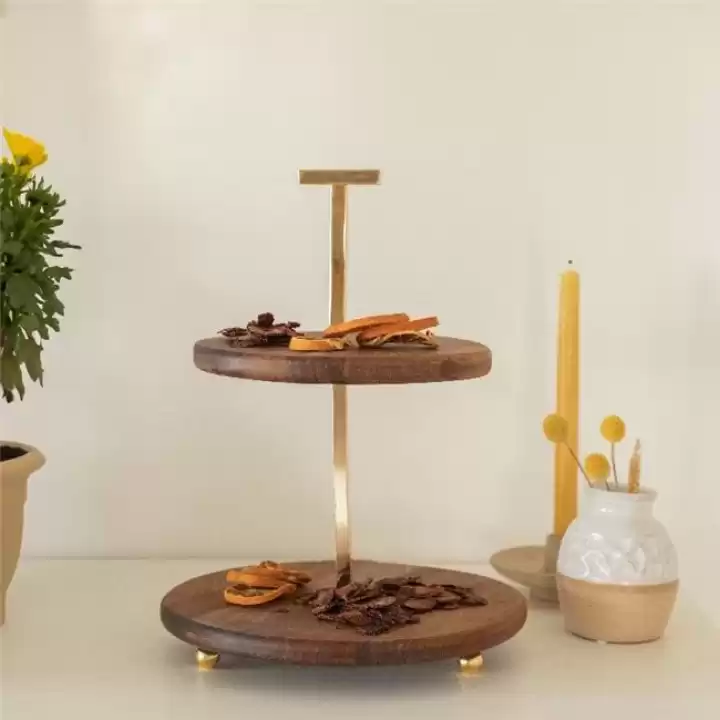 Akayev Ahşap 25 Cm Altın Boncuk Ayaklı İki Katlı Sunum Tabağı