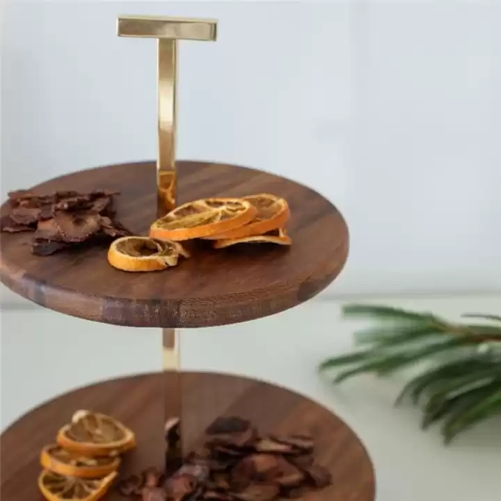 Akayev Ahşap 25 Cm Altın Boncuk Ayaklı İki Katlı Sunum Tabağı