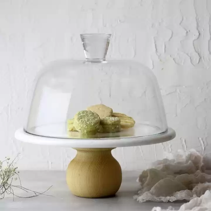 Akayev Mermer 25 Cm Ahşap Ayaklı Beyaz Cam Fanus