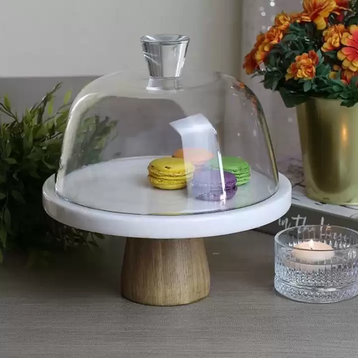 Akayev Mermer 25 Cm Ahşap Konik Ayaklı Kalın Beyaz Cam Fanus