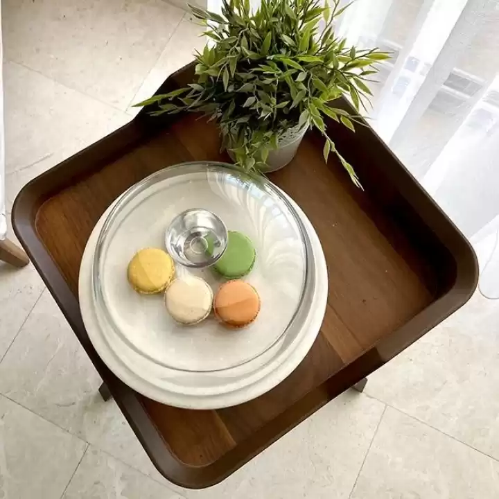 Akayev Mermer 25 Cm Ahşap Konik Ayaklı Kalın Beyaz Cam Fanus