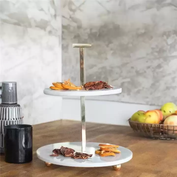 Akayev Mermer 25 Cm Beyaz Altın Boncuk Ayaklı İki Katlı Sunum Tabağı