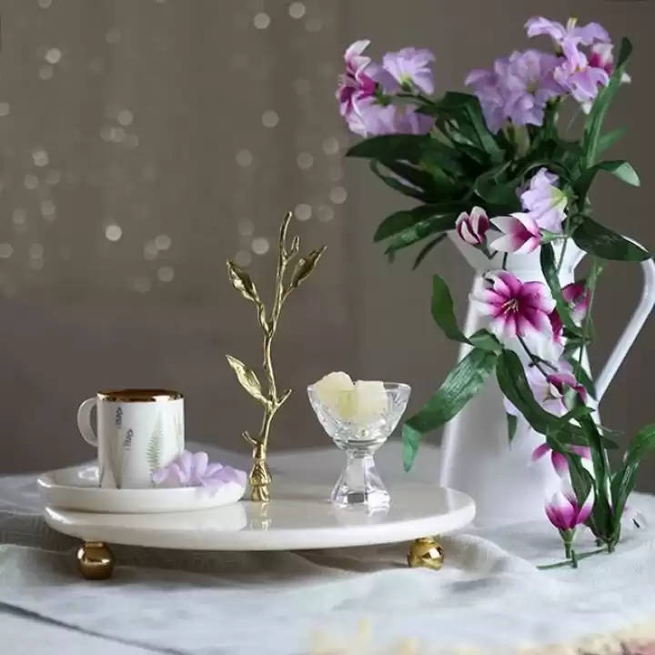 Akayev Mermer 25 Cm Beyaz Altın Boncuk Dal Sunum Tabağı