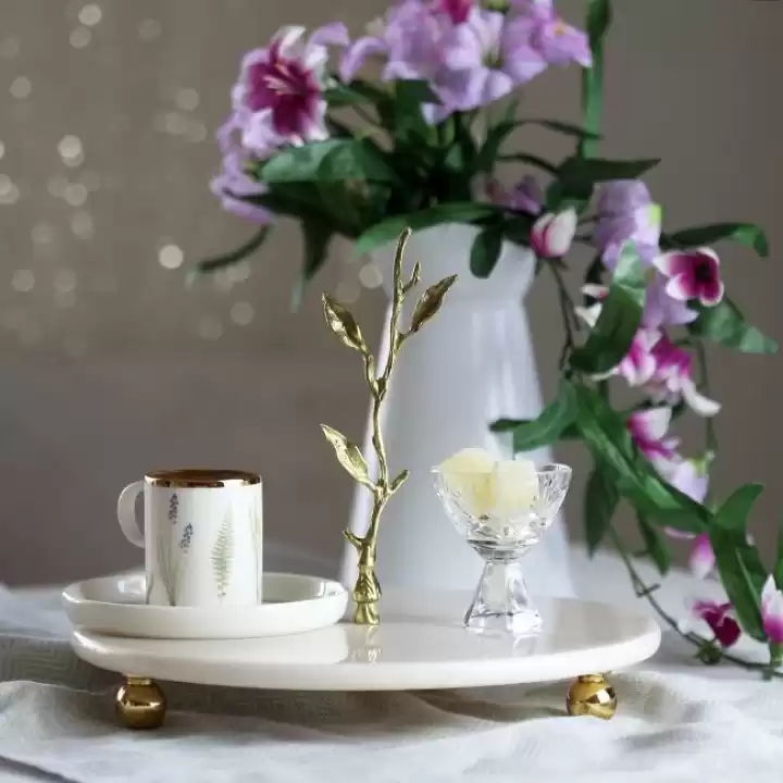 Akayev Mermer 25 Cm Beyaz Altın Boncuk Dal Sunum Tabağı