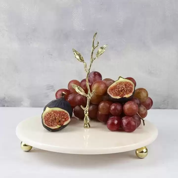 Akayev Mermer 25 Cm Beyaz Altın Boncuk Dal Sunum Tabağı