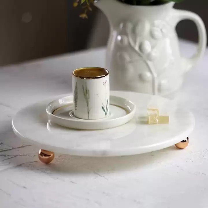 Akayev Mermer 25 Cm Rose Gold Boncuk Ayaklı Beyaz Yuvarlak Sunumluk