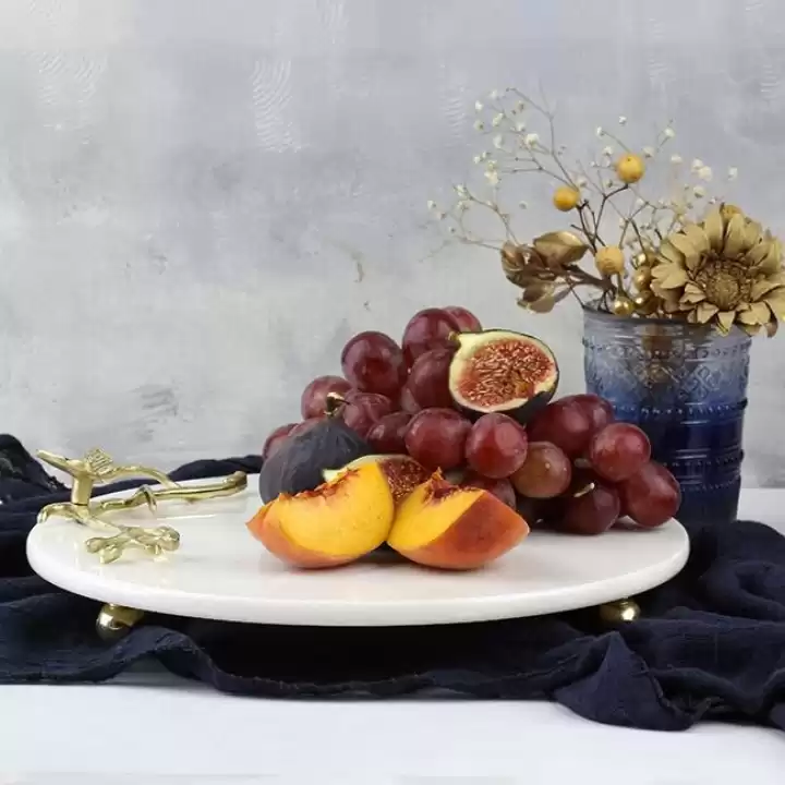 Akayev Mermer 28 Cm Beyaz Altın Boncuk Ayaklı Kelebek Sunum Tabağı