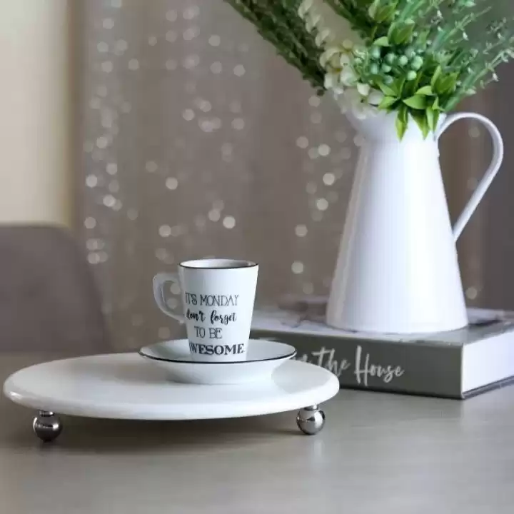 Akayev Mermer Beyaz 19 cm Gümüş Boncuk Ayaklı Kahve Sunumluk - Yağ ve Takı Standı