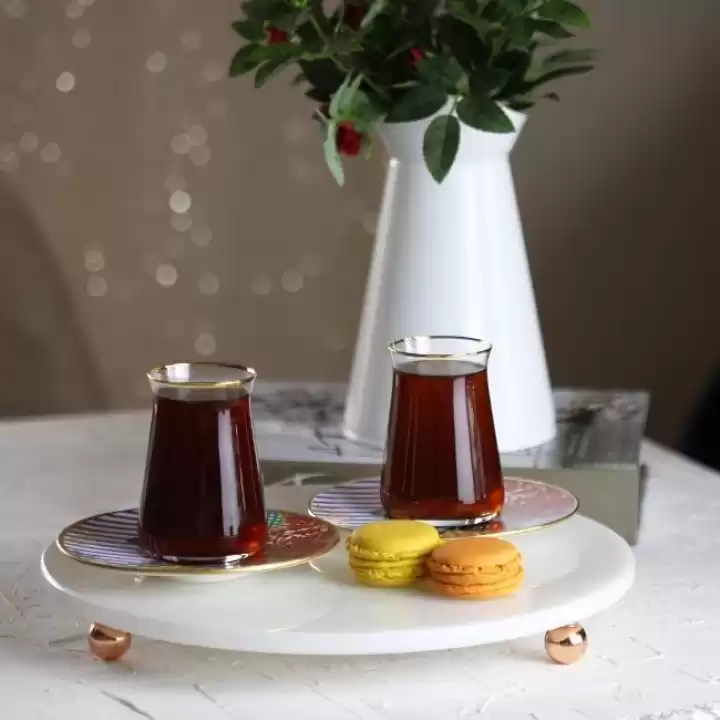 Akayev Mermer Beyaz 30 Cm Rose Gold Boncuk Ayaklı Yuvarlak Sunumluk