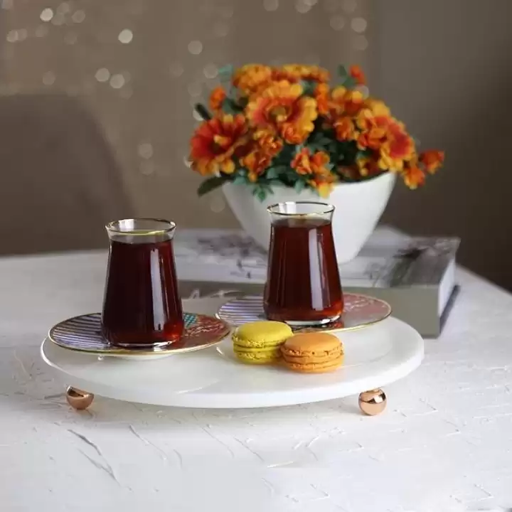 Akayev Mermer Beyaz 30 Cm Rose Gold Boncuk Ayaklı Yuvarlak Sunumluk