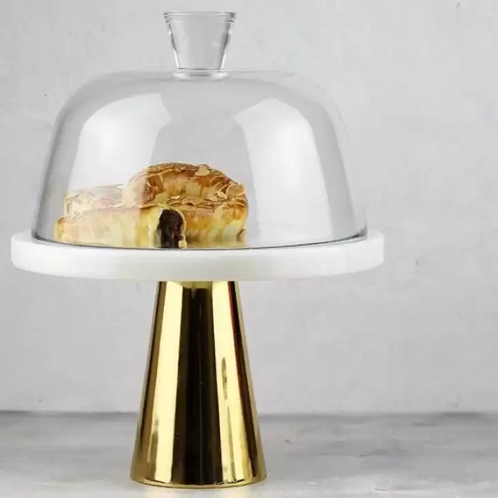 Akayev Mermer 25 Cm Altın Konik Ayak Beyaz Kalın Cam Fanus