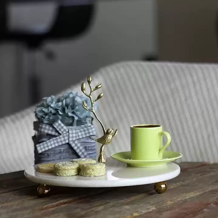Akayev Mermer 25 Cm Beyaz Altın Boncuk Ayaklı Kuş Katlı Sunum Tabağı