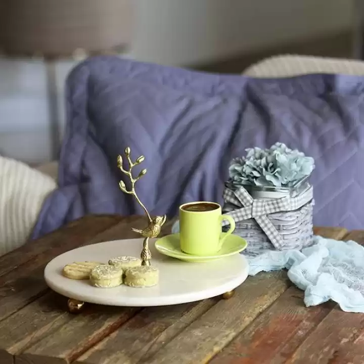 Akayev Mermer 25 Cm Beyaz Altın Boncuk Ayaklı Kuş Katlı Sunum Tabağı