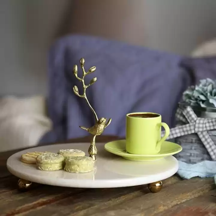 Akayev Mermer 25 Cm Beyaz Altın Boncuk Ayaklı Kuş Katlı Sunum Tabağı
