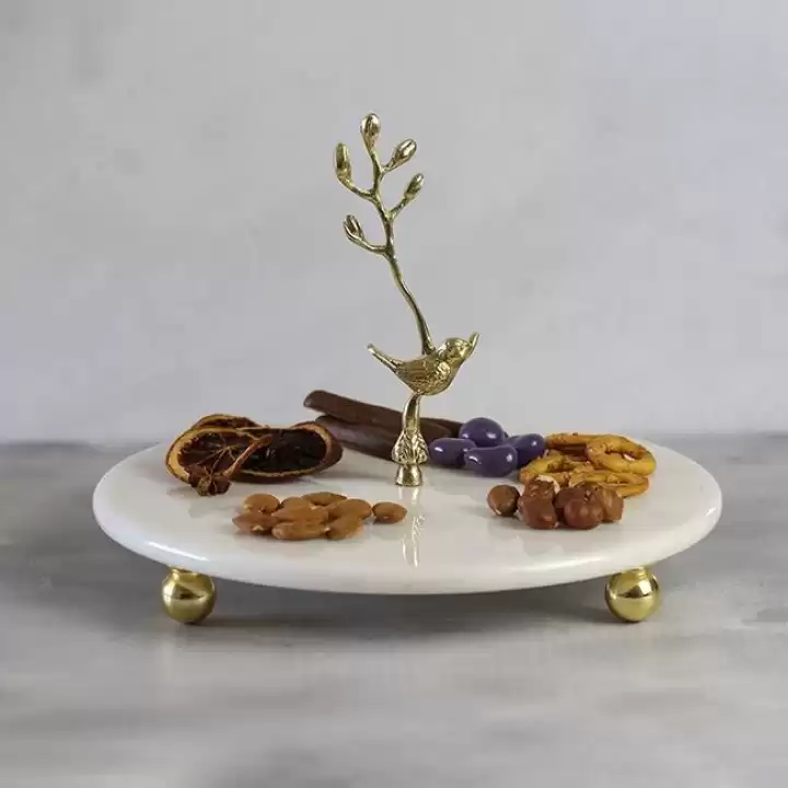 Akayev Mermer 25 Cm Beyaz Altın Boncuk Ayaklı Kuş Katlı Sunum Tabağı