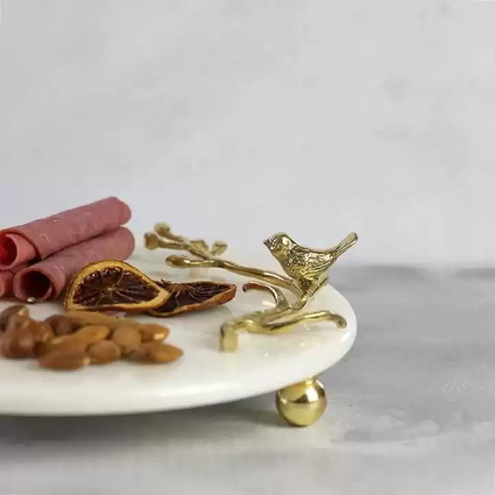 Akayev Mermer 28 Cm Beyaz Altın Boncuk Ayaklı Kuş Sunum Tabağı