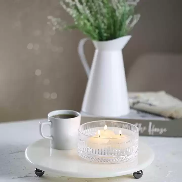 Akayev Mermer 28 Cm Füme Boncuk Ayaklı Beyaz Yuvarlak Sunumluk